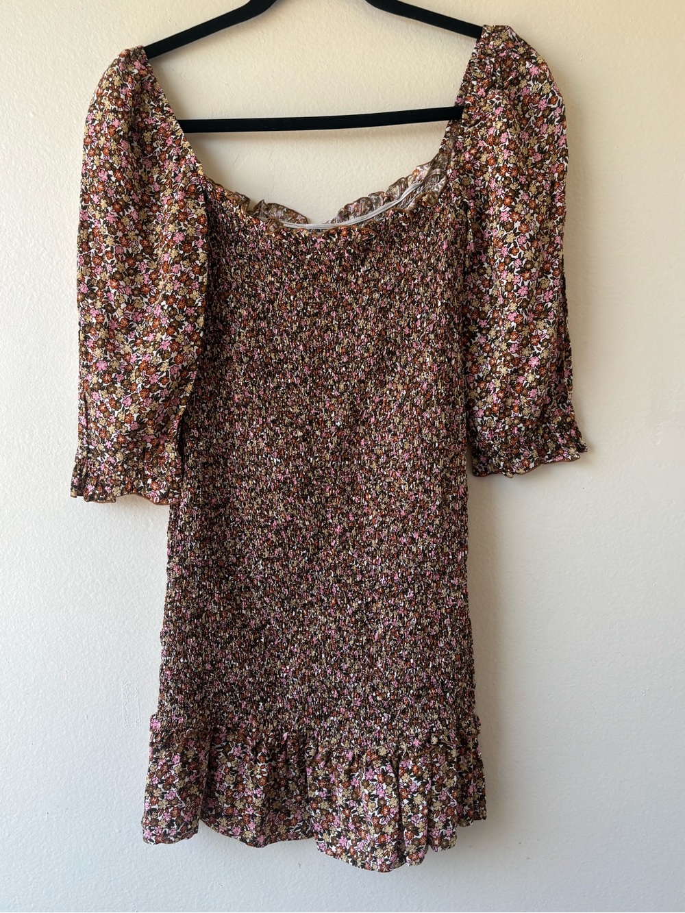 Faithfull the Brand Brown Floral Smocked Mini Dress with Pink Accents
